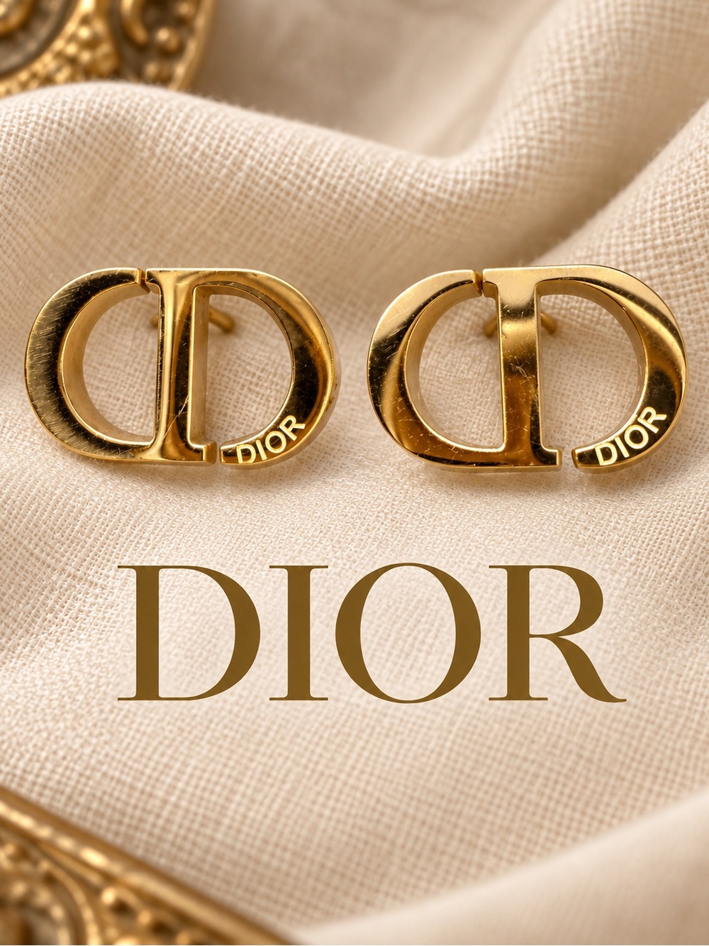 Dior Inspired Signed CD Logo Gold Tone Stud Earrings Classic Luxe